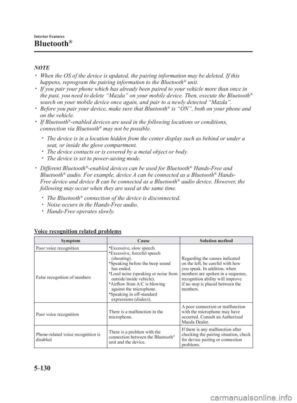 MAZDA MX5 MIATA 2017  Owners Manual 5 –130 Interior Features
Bluetooth ®
NOTE 
  When the OS of the device is updated, the pairing information may be deleted. If this 
happens, reprogram the pairing information to the Bluetooth ®