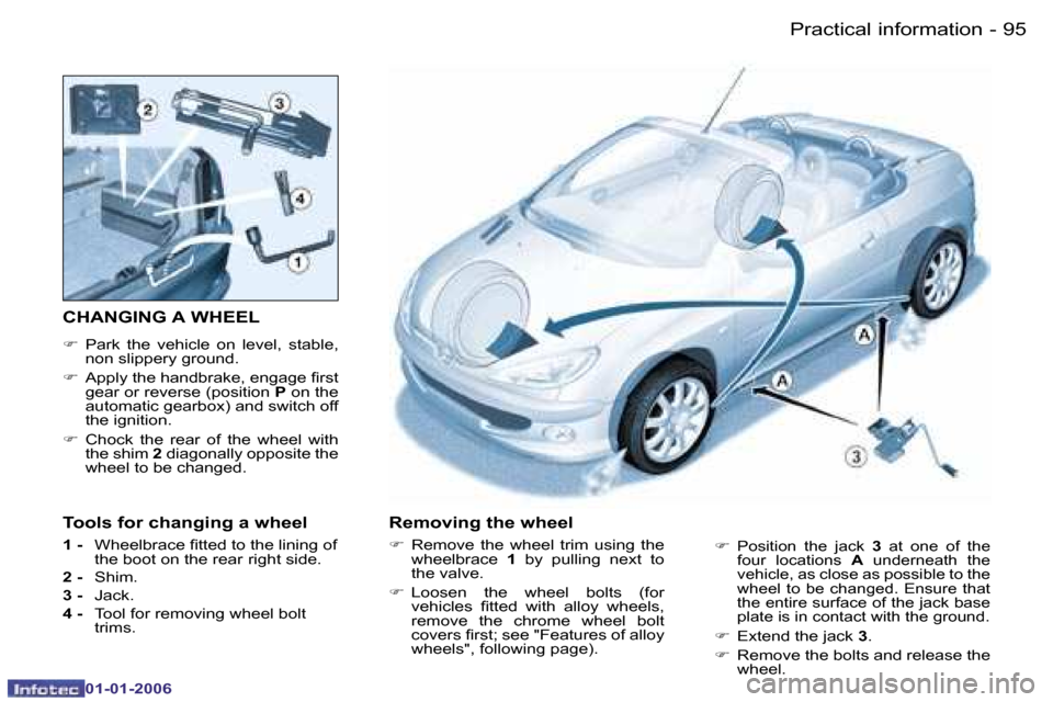 Peugeot 206 CC Dag 2006  Owners Manual �9�5
�-�P�r�a�c�t�i�c�a�l� �i�n�f�o�r�m�a�t�i�o�n
�0�1�-�0�1�-�2�0�0�6
�C�H�A�N�G�I�N�G� �A� �W�H�E�E�L
�� �P�a�r�k�  �t�h�e�  �v�e�h�i�c�l�e�  �o�n�  �l�e�v�e�l�,�  �s�t�a�b�l�e�,�  
�n�o�n� �s�l�