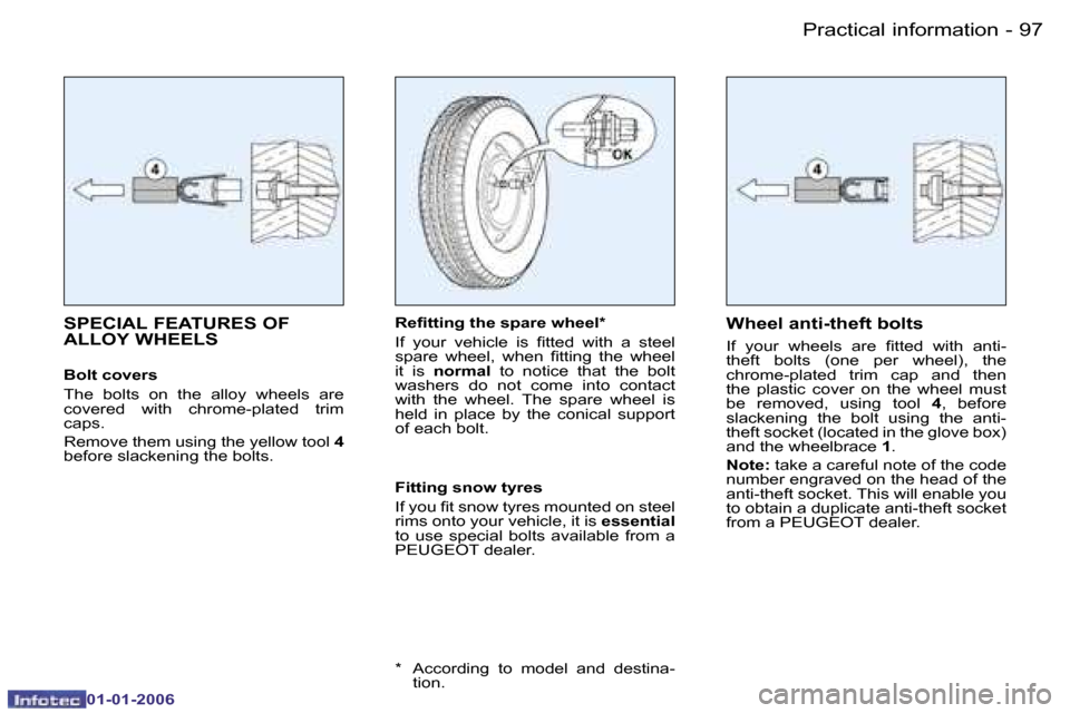 Peugeot 206 CC Dag 2006  Owners Manual �9�7
�-�P�r�a�c�t�i�c�a�l� �i�n�f�o�r�m�a�t�i�o�n
�0�1�-�0�1�-�2�0�0�6
�S�P�E�C�I�A�L� �F�E�A�T�U�R�E�S� �O�F�  
�A�L�L�O�Y� �W�H�E�E�L�S
�B�o�l�t� �c�o�v�e�r�s 
�T�h�e�  �b�o�l�t�s�  �o�n�  �t�h�e�  