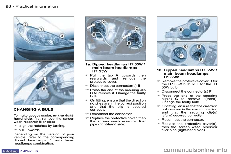 Peugeot 206 CC Dag 2006  Owners Manual �9�8 �-�P�r�a�c�t�i�c�a�l� �i�n�f�o�r�m�a�t�i�o�n
�0�1�-�0�1�-�2�0�0�6
�C�H�A�N�G�I�N�G� �A� �B�U�L�B
�T�o� �m�a�k�e� �a�c�c�e�s�s� �e�a�s�i�e�r�,� �o�n� �t�h�e� �r�i�g�h�t�-
�h�a�n�d�  �s�i�d�e �,�  