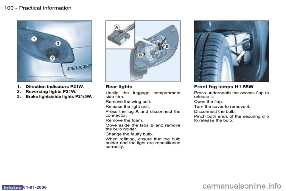 Peugeot 206 CC Dag 2006  Owners Manual �1�0�0 �-�P�r�a�c�t�i�c�a�l� �i�n�f�o�r�m�a�t�i�o�n
�0�1�-�0�1�-�2�0�0�6
�1�.�  �D�i�r�e�c�t�i�o�n� �i�n�d�i�c�a�t�o�r�s� �P�2�1�W�. 
�2�.�  �R�e�v�e�r�s�i�n�g� �l�i�g�h�t�s� �P�2�1�W�.
�3�.� 
�B�r�a�