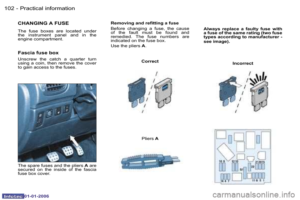 Peugeot 206 CC Dag 2006  Owners Manual �1�0�2 �-�P�r�a�c�t�i�c�a�l� �i�n�f�o�r�m�a�t�i�o�n
�0�1�-�0�1�-�2�0�0�6
�R�e�m�o�v�i�n�g� �a�n�d� �r�e�ﬁ�t�t�i�n�g �a �f�u�s�e 
�B�e�f�o�r�e�  �c�h�a�n�g�i�n�g�  �a�  �f�u�s�e�,�  �t�h�e�  �c�a�u�s