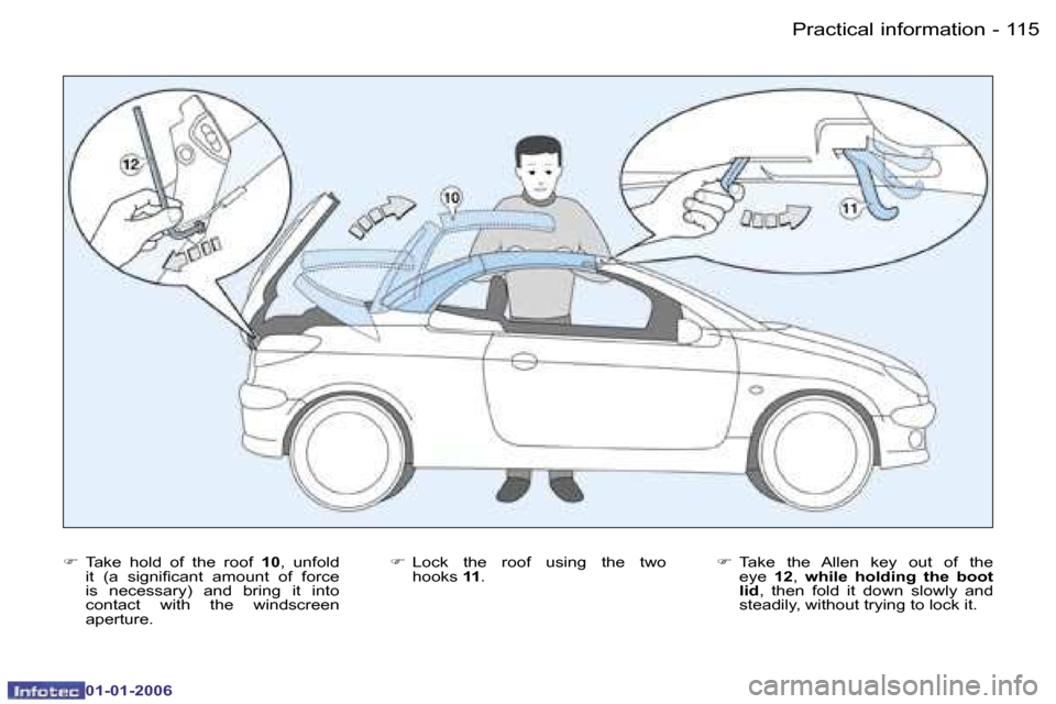 Peugeot 206 CC Dag 2006  Owners Manual �1�1�5
�-�P�r�a�c�t�i�c�a�l� �i�n�f�o�r�m�a�t�i�o�n
�0�1�-�0�1�-�2�0�0�6
�
�  �T�a�k�e�  �h�o�l�d�  �o�f�  �t�h�e�  �r�o�o�f�  �1�0�,�  �u�n�f�o�l�d� 
�i�t�  �(�a�  �s�i�g�n�i�ﬁ�c�a�n�t �a�m�o�u�