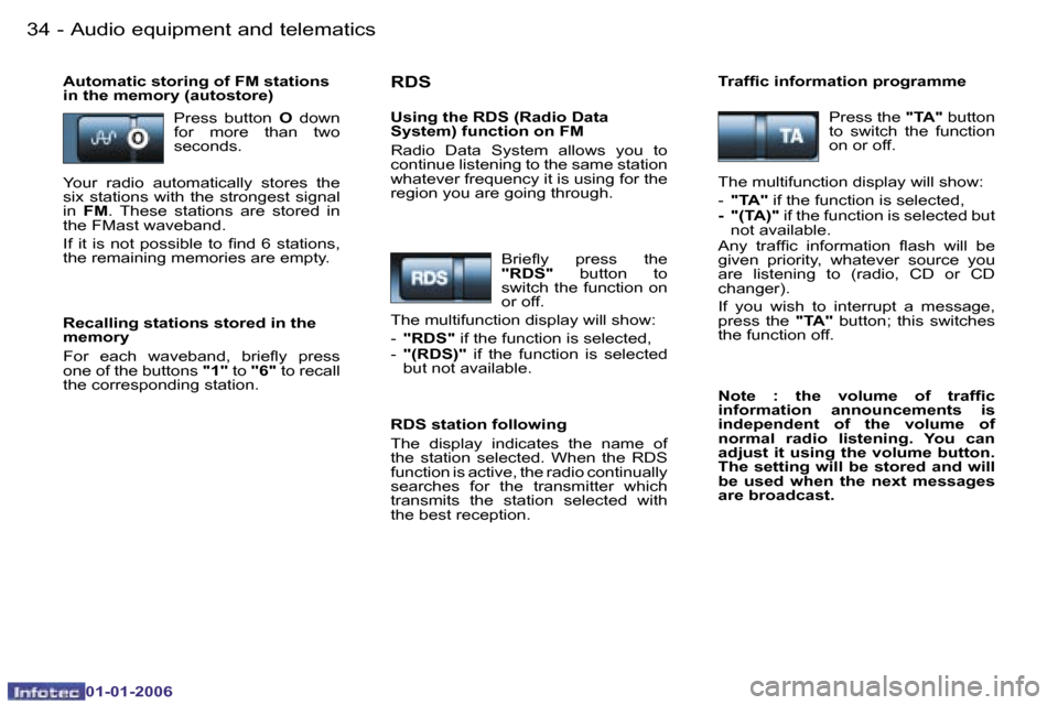 Peugeot 206 CC Dag 2006  Owners Manual �3�4 �-�A�u�d�i�o� �e�q�u�i�p�m�e�n�t� �a�n�d� �t�e�l�e�m�a�t�i�c�s
�0�1�-�0�1�-�2�0�0�6
�A�u�t�o�m�a�t�i�c� �s�t�o�r�i�n�g� �o�f� �F�M� �s�t�a�t�i�o�n�s�  
�i�n� �t�h�e� �m�e�m�o�r�y� �(�a�u�t�o�s�t�