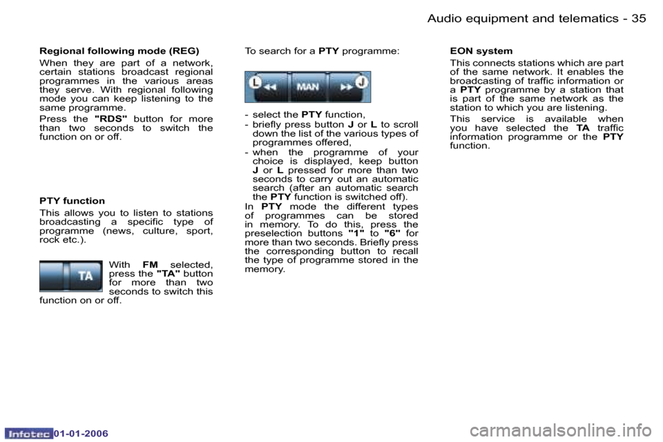 Peugeot 206 CC Dag 2006  Owners Manual �3�5
�-�A�u�d�i�o� �e�q�u�i�p�m�e�n�t� �a�n�d� �t�e�l�e�m�a�t�i�c�s
�0�1�-�0�1�-�2�0�0�6
�R�e�g�i�o�n�a�l� �f�o�l�l�o�w�i�n�g� �m�o�d�e� �(�R�E�G�) 
�W�h�e�n�  �t�h�e�y�  �a�r�e�  �p�a�r�t�  �o�f�  �a