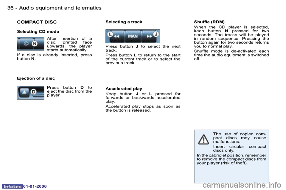 Peugeot 206 CC Dag 2006  Owners Manual �3�6 �-�A�u�d�i�o� �e�q�u�i�p�m�e�n�t� �a�n�d� �t�e�l�e�m�a�t�i�c�s
�0�1�-�0�1�-�2�0�0�6
�S�h�u�f�ﬂ�e �(�R�D�M�) 
�W�h�e�n�  �t�h�e�  �C�D�  �p�l�a�y�e�r�  �i�s�  �s�e�l�e�c�t�e�d�,�  
�k�e�e�p�  �b