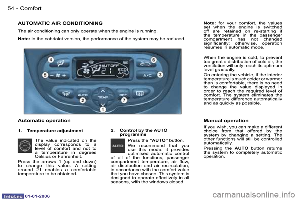 Peugeot 206 CC Dag 2006  Owners Manual �5�4 �-�C�o�m�f�o�r�t
�0�1�-�0�1�-�2�0�0�6
�N�o�t�e�:� �i�n� �t�h�e� �c�a�b�r�i�o�l�e�t� �v�e�r�s�i�o�n�,� �t�h�e� �p�e�r�f�o�r�m�a�n�c�e� �o�f� �t�h�e� �s�y�s�t�e�m� �m�a�y� �b�e� �r�e�d�u �c�e�d�.
�