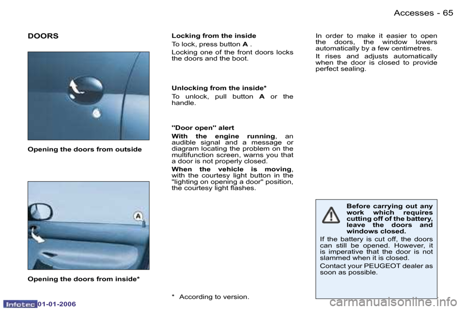 Peugeot 206 CC Dag 2006  Owners Manual �6�5
�-�A�c�c�e�s�s�e�s
�0�1�-�0�1�-�2�0�0�6
�D�O�O�R�S� �L�o�c�k�i�n�g� �f�r�o�m� �t�h�e� �i�n�s�i�d�e 
�T�o� �l�o�c�k�,� �p�r�e�s�s� �b�u�t�t�o�n� 
�A� �.
�L�o�c�k�i�n�g�  �o�n�e�  �o�f�  �t�h�e�  �