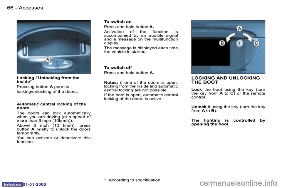 Peugeot 206 CC Dag 2006  Owners Manual �6�6 �-�A�c�c�e�s�s�e�s
�0�1�-�0�1�-�2�0�0�6
�L�O�C�K�I�N�G� �A�N�D� �U�N�L�O�C�K�I�N�G�  
�T�H�E� �B�O�O�T� � 
�L�o�c�k�  �t�h�e�  �b�o�o�t�  �u�s�i�n�g�  �t�h�e�  �k�e�y�  �(�t�u�r�n� 
�t�h�e�  �k�e