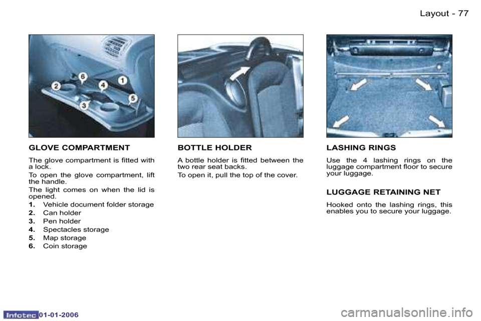 Peugeot 206 CC Dag 2006  Owners Manual �7�7
�-�L�a�y�o�u�t
�0�1�-�0�1�-�2�0�0�6
�G�L�O�V�E� �C�O�M�P�A�R�T�M�E�N�T� 
�T�h�e� �g�l�o�v�e� �c�o�m�p�a�r�t�m�e�n�t� �i�s� �ﬁ�t�t�e�d �w�i�t�h 
�a� �l�o�c�k�.� 
�T�o�  �o�p�e�n�  �t�h�e�  �g�l�