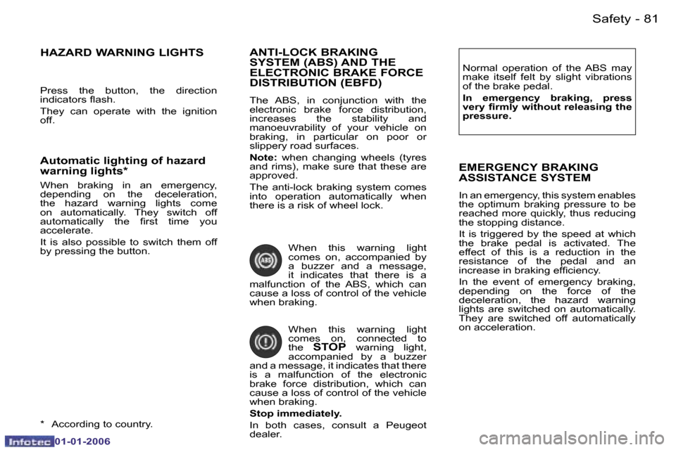 Peugeot 206 CC Dag 2006  Owners Manual �8�1
�-
�S�a�f�e�t�y
�0�1�-�0�1�-�2�0�0�6
�A�N�T�I�-�L�O�C�K� �B�R�A�K�I�N�G�  
�S�Y�S�T�E�M� �(�A�B�S�)� �A�N�D� �T�H�E� 
�E�L�E�C�T�R�O�N�I�C� �B�R�A�K�E� �F�O�R�C�E� 
�D�I�S�T�R�I�B�U�T�I�O�N� �(�E