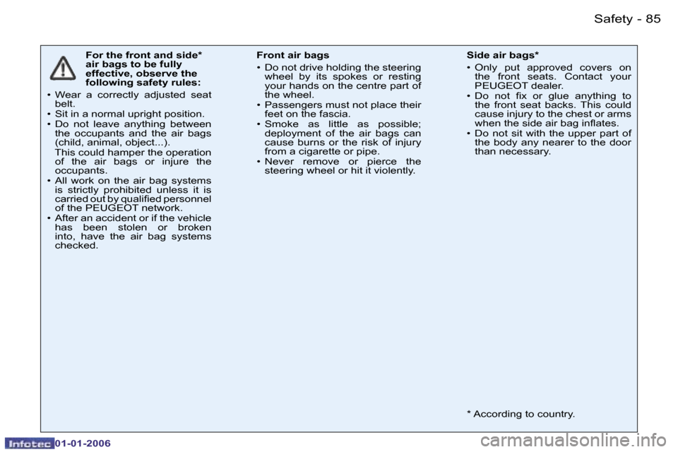 Peugeot 206 CC Dag 2006  Owners Manual �8�5
�-
�S�a�f�e�t�y
�0�1�-�0�1�-�2�0�0�6
�F�o�r� �t�h�e� �f�r�o�n�t� �a�n�d� �s�i�d�e�*�  
�a�i�r� �b�a�g�s� �t�o� �b�e� �f�u�l�l�y� 
�e�f�f�e�c�t�i�v�e�,� �o�b�s�e�r�v�e� �t�h�e� 
�f�o�l�l�o�w�i�n�g