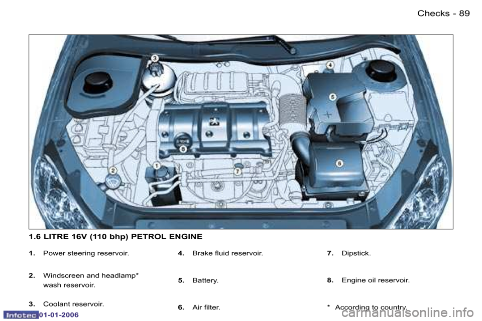 Peugeot 206 CC Dag 2006  Owners Manual �8�9
�-
�C�h�e�c�k�s
�0�1�-�0�1�-�2�0�0�6
�1�.
�  �P�o�w�e�r� �s�t�e�e�r�i�n�g� �r�e�s�e�r�v�o�i�r�.
�2�. �  �W�i�n�d�s�c�r�e�e�n� �a�n�d� �h�e�a�d�l�a�m�p�*� 
�w�a�s�h� �r�e�s�e�r�v�o�i�r�.
�3�.�  �C