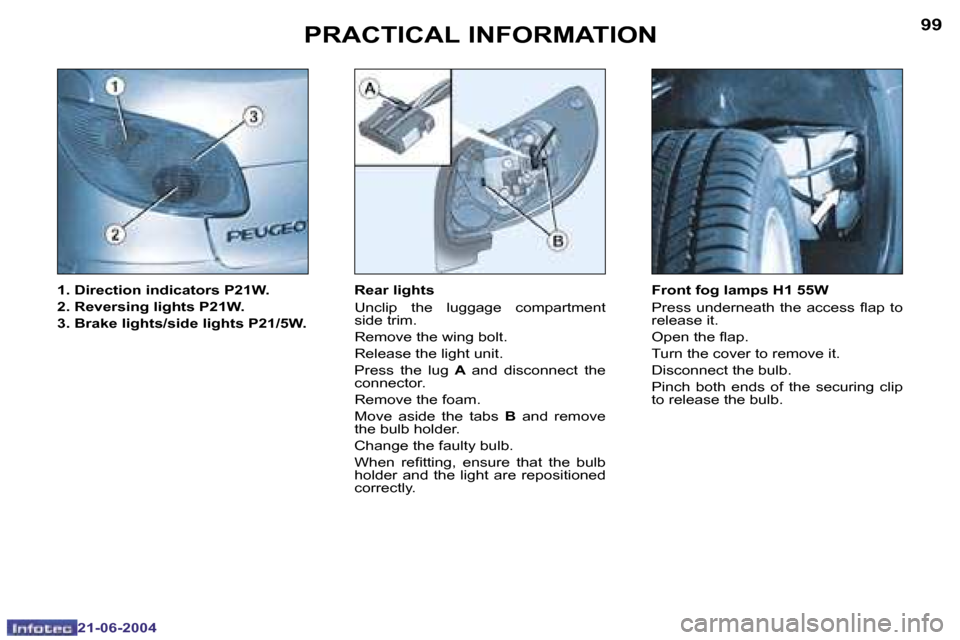 Peugeot 206 CC Dag 2004  Owners Manual �9�8
�2�1�-�0�6�-�2�0�0�4
�9�9
�2�1�-�0�6�-�2�0�0�4
�P�R�A�C�T�I�C�A�L� �I�N�F�O�R�M�A�T�I�O�N
�1�.� �D�i�r�e�c�t�i�o�n� �i�n�d�i�c�a�t�o�r�s� �P�2�1�W�. 
�2�.� �R�e�v�e�r�s�i�n�g� �l�i�g�h�t�s� �P�2�