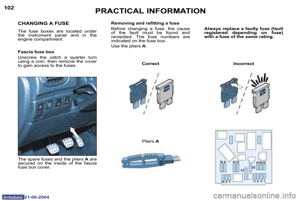 Peugeot 206 CC Dag 2004  Owners Manual �1�0�2
�2�1�-�0�6�-�2�0�0�4
�1�0�3
�2�1�-�0�6�-�2�0�0�4
�P�R�A�C�T�I�C�A�L� �I�N�F�O�R�M�A�T�I�O�N
�R�e�m�o�v�i�n�g� �a�n�d� �r�e�i�t�t�i�n�g� �a� �f�u�s�e 
�B�e�f�o�r�e�  �c�h�a�n�g�i�n�g�  �a�  �f�u