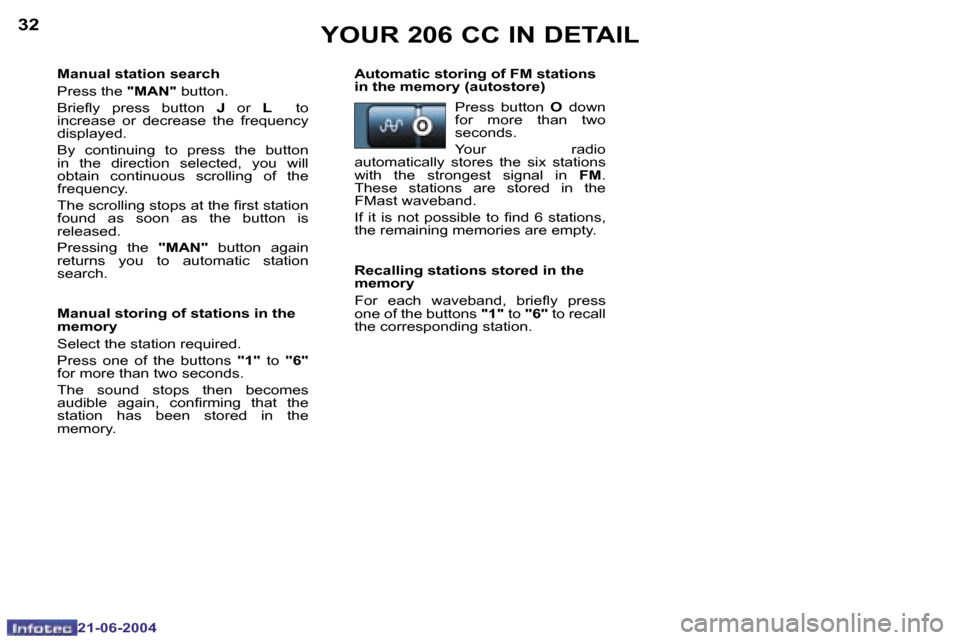 Peugeot 206 CC Dag 2004  Owners Manual �3�2
�2�1�-�0�6�-�2�0�0�4
�3�3
�2�1�-�0�6�-�2�0�0�4
�Y�O�U�R� �2�0�6� �C�C� �I�N� �D�E�T�A�I�L
�M�a�n�u�a�l� �s�t�a�t�i�o�n� �s�e�a�r�c�h 
�P�r�e�s�s� �t�h�e� �"�M�A�N�"� �b�u�t�t�o�n�.
�B�r�i�e�l�y� 