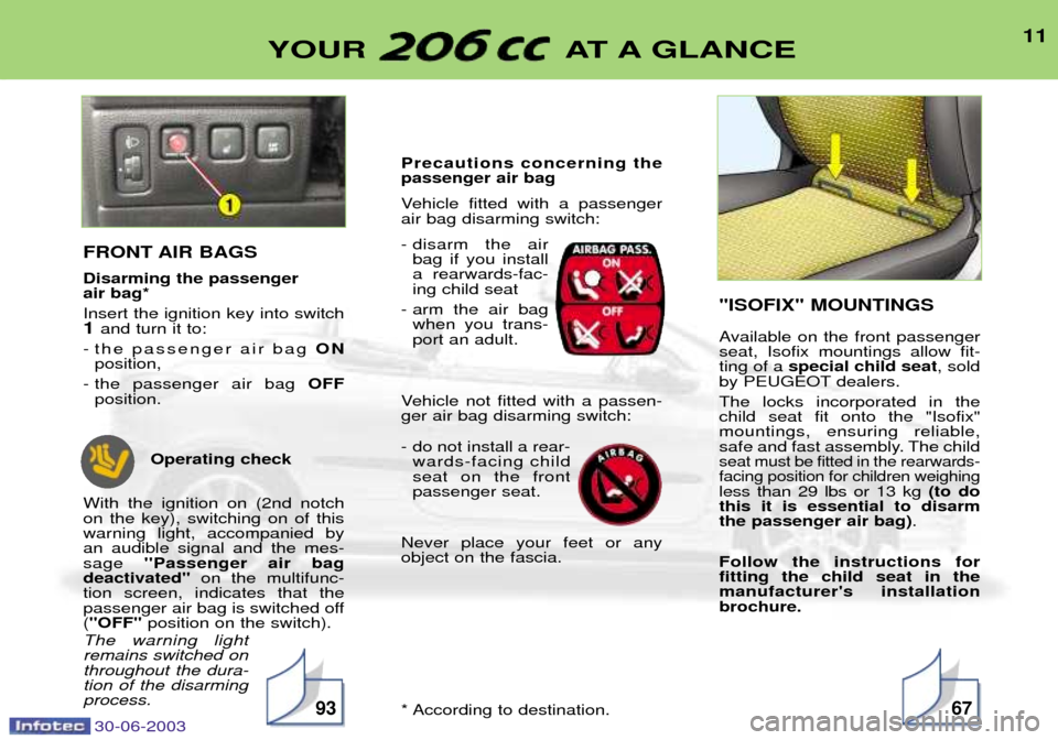 Peugeot 206 CC Dag 2003  Owners Manual 30-06-2003
11YOUR AT A GLANCE
9367
FRONT AIR BAGS Disarming the passenger  air bag* Insert the ignition key into switch 1 and turn it to:
- the passenger air bag ON
position,
- the passenger air bag  