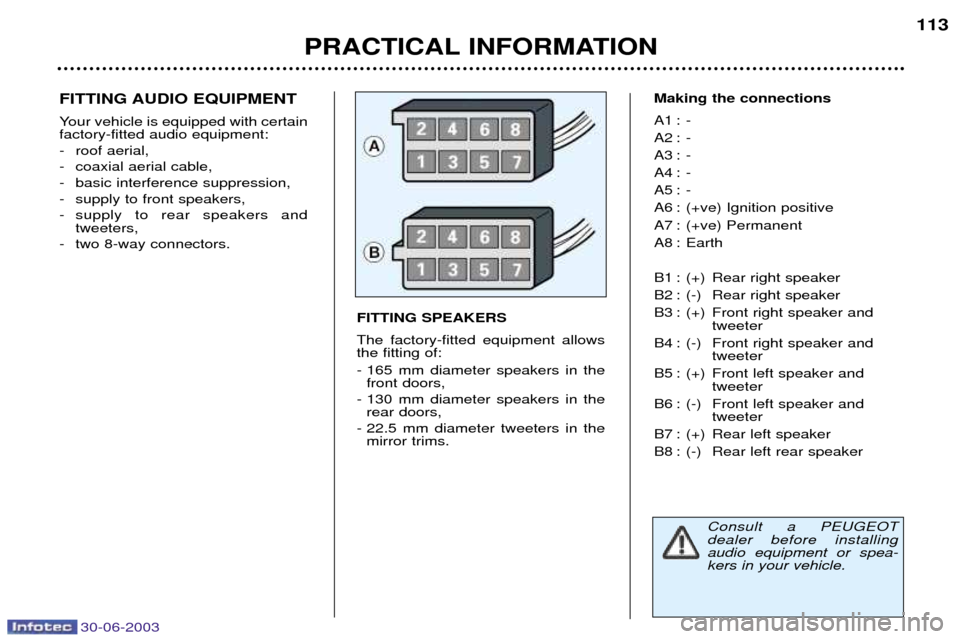 Peugeot 206 CC Dag 2003  Owners Manual 30-06-2003
PRACTICAL INFORMATION113
FITTING AUDIO EQUIPMENT 
Your vehicle is equipped with certain factory-fitted audio equipment: 
- roof aerial,
- coaxial aerial cable,
- basic interference suppress