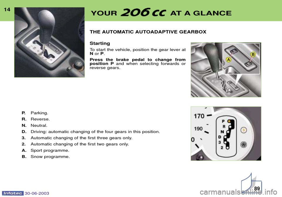 Peugeot 206 CC Dag 2003  Owners Manual 30-06-2003
THE AUTOMATIC AUTOADAPTIVE GEARBOX Starting 
To start the vehicle, position the gear lever at Nor  P.
Press the brake pedal to change fromposition P and when selecting forwards or
reverse g