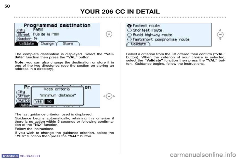 Peugeot 206 CC Dag 2003  Owners Manual 30-06-2003
YOUR 206 CC IN DETAIL
50
The complete destination is displayed. Select the "Vali-
date"  function then press the  "VAL"button.
Note: you can also change the destination or store it in
one o