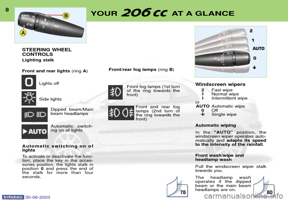 Peugeot 206 CC Dag 2003  Owners Manual 30-06-2003
8YOUR AT A GLANCE
7880
STEERING WHEEL CONTROLS  Lighting stalk Front and rear lights(ring A)
Lights off Side lights Dipped beam/Main beam headlamps Automatic switch- ing on of lights
Automa