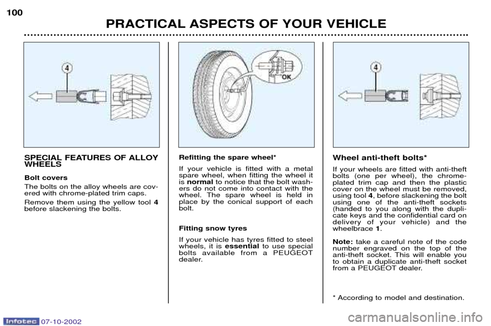 Peugeot 206 CC Dag 2002.5  Owners Manual PRACTICAL ASPECTS OF YOUR VEHICLE
100
SPECIAL FEATURES OF ALLOY WHEELS Bolt covers The bolts on the alloy wheels are cov- ered with chrome-plated trim caps. Remove them using the yellow tool 
4
before
