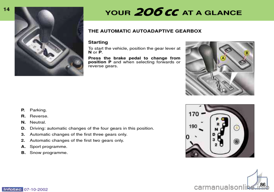 Peugeot 206 CC Dag 2002.5  Owners Manual 14THE AUTOMATIC AUTOADAPTIVE GEARBOX Starting 
To start the vehicle, position the gear lever at Nor  P.
Press the brake pedal to change fromposition P and when selecting forwards or
reverse gears.
P. 