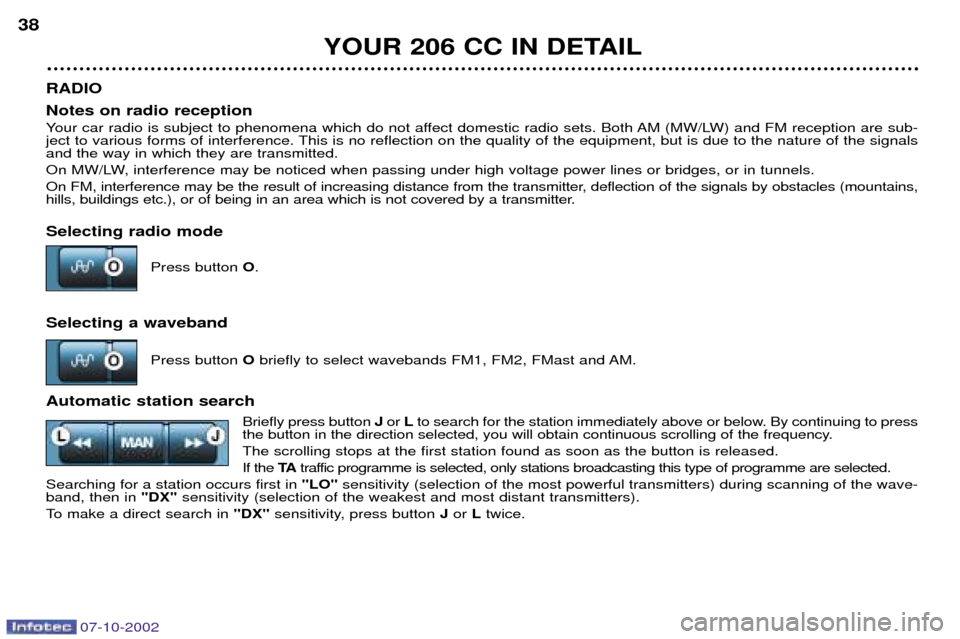 Peugeot 206 CC Dag 2002.5  Owners Manual 07-10-2002
YOUR 206 CC IN DETAIL
38
RADIO Notes on radio reception 
Your car radio is subject to phenomena which do not affect domestic radio sets. Both AM (MW/LW) and FM reception are sub- 
ject to v