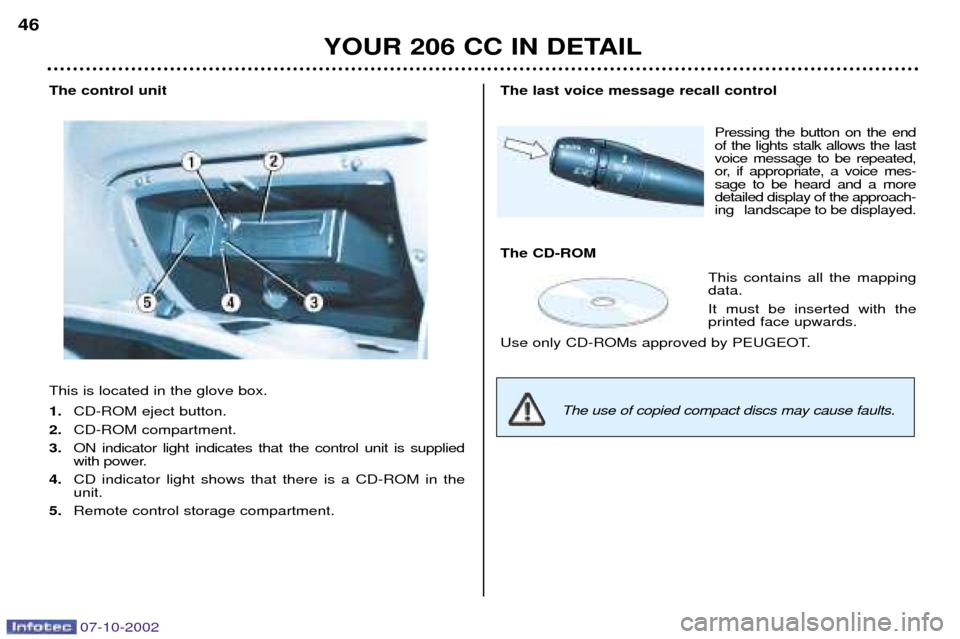 Peugeot 206 CC Dag 2002.5  Owners Manual 07-10-2002
YOUR 206 CC IN DETAIL
46
The control unit This is located in the glove box. 1.
CD-ROM eject button.
2. CD-ROM compartment.
3. ON indicator light indicates that the control unit is supplied 