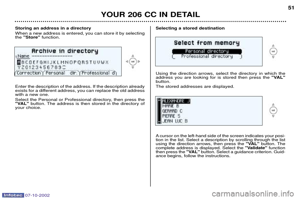 Peugeot 206 CC Dag 2002.5  Owners Manual Selecting a stored destination Using the direction arrows, select the directory in which the address you are looking for is stored then press the "VAL"
button. The stored addresses are displayed. 
A c