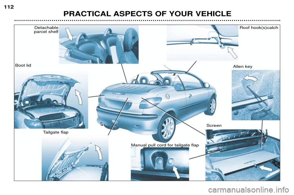 Peugeot 206 CC Dag 2001.5  Owners Manual PRACTICAL ASPECTS OF YOUR VEHICLE
112
Detachable 
parcel shelf
Boot lid
Tailgate flap Manual pull cord for tailgate flapScreenAllen key 
Roof hook(s)catch  