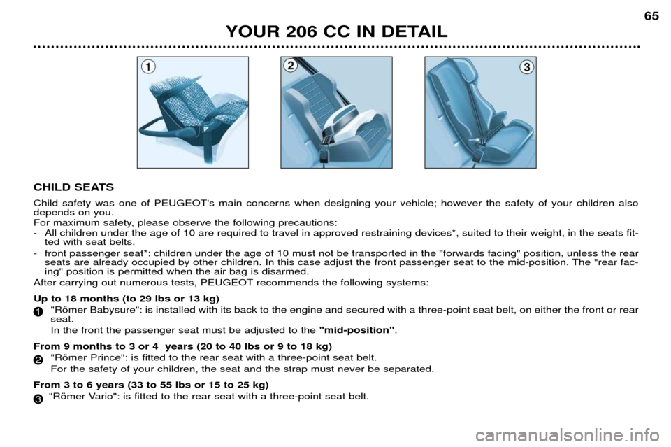 Peugeot 206 CC Dag 2001.5  Owners Manual YOUR 206 CC IN DETAIL65
CHILD SEATS Child safety was one of PEUGEOTs main concerns when designing your vehicle; however the safety of your children also depends on you. 
For maximum safety, please ob