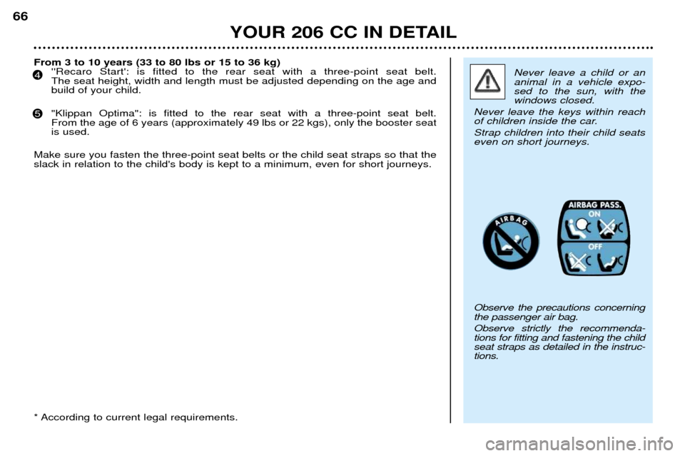 Peugeot 206 CC Dag 2001.5  Owners Manual YOUR 206 CC IN DETAIL
66
Never leave a child or an animal in a vehicle expo-sed to the sun, with thewindows closed. 
Never leave the keys within reach
of children inside the car. Strap children into t