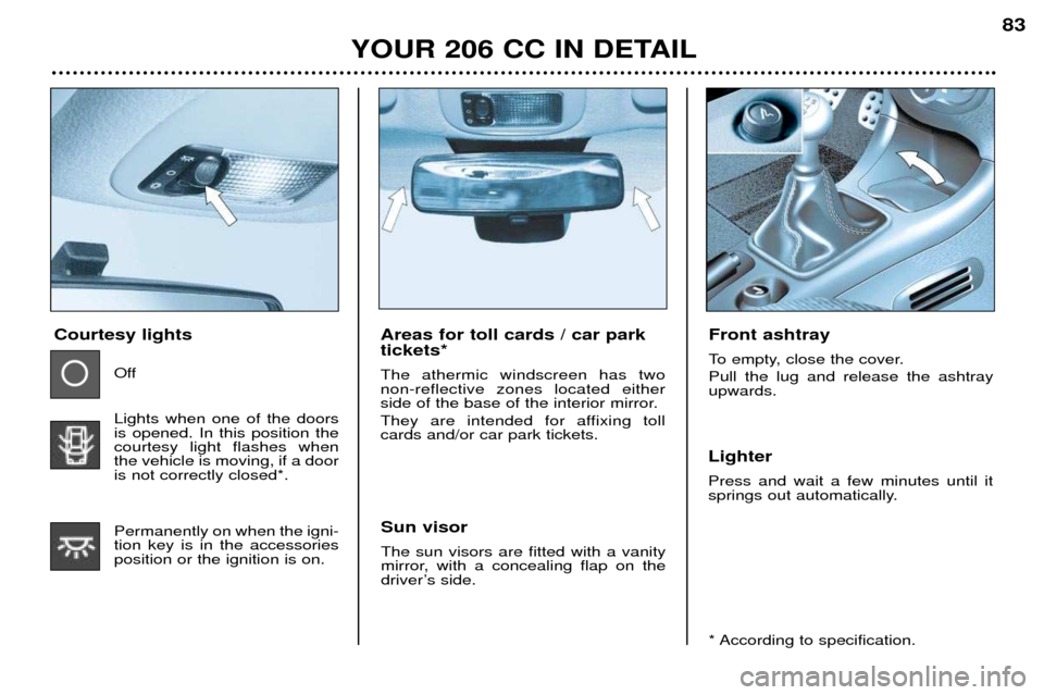 Peugeot 206 CC Dag 2001.5  Owners Manual YOUR 206 CC IN DETAIL83
Areas for toll cards / car park tickets* The athermic windscreen has two non-reflective zones located either
side of the base of the interior mirror. 
They are intended for aff