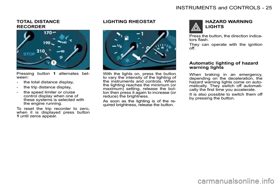 Peugeot 206 Dag 2008  Owners Manual 25
INSTRUMENTS and CONTROLS
-
TOTAL DISTANCE  
RECORDER
Pressing  button 1  alternates  bet-
ween:  
-  the total distance display, 
-  the trip distance display,
-  the speed limiter or cruise  contr