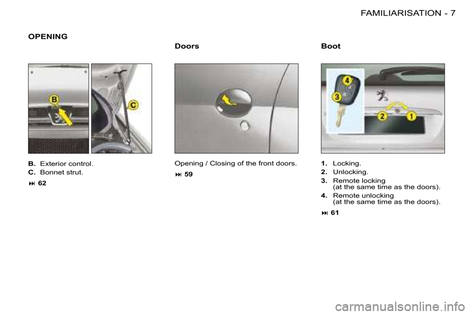 Peugeot 206 Dag 2008  Owners Manual 7
FAMILIARISATION
-
OPENING
Doors 
Opening / Closing of the front doors. �: 59 1.
  Locking.
2.   Unlocking.
3.   Remote locking  
(at the same time as the doors).
4.   Remote unlocking  
(at the same