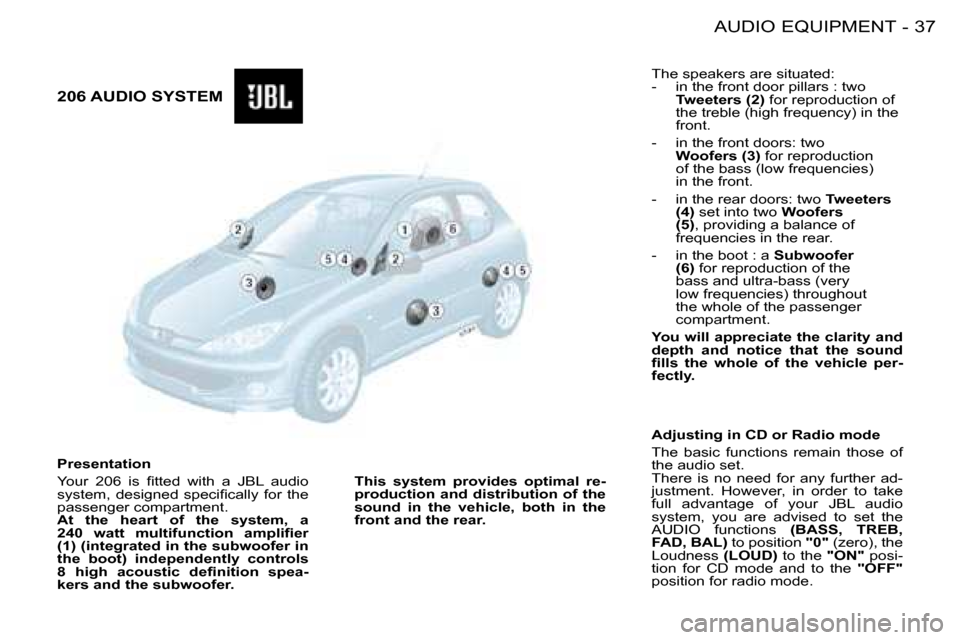 Peugeot 206 Dag 2008  Owners Manual 37
AUDIO EQUIPMENT
-
206 AUDIO SYSTEM
Presentation 
�Y�o�u�r�  �2�0�6�  �i�s�  �i�t�t�e�d�  �w�i�t�h�  �a�  �J�B�L�  �a�u�d�i�o�  
�s�y�s�t�e�m�,�  �d�e�s�i�g�n�e�d�  �s�p�e�c�i�i�c�a�l�l�y�  �f�o�r� 