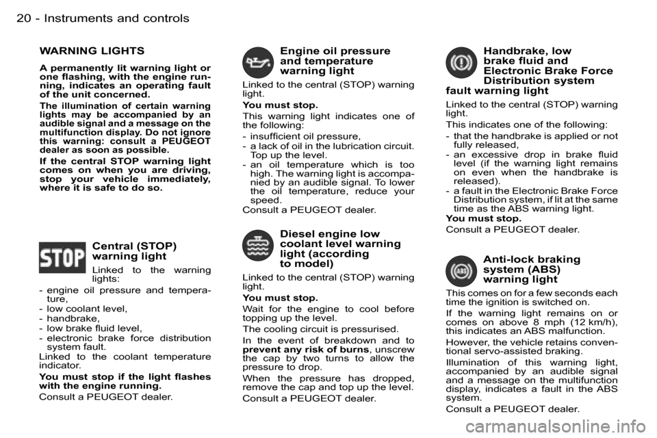 Peugeot 206 Dag 2006  Owners Manual �2�0 �-
�W�A�R�N�I�N�G� �L�I�G�H�T�S
�A�  �p�e�r�m�a�n�e�n�t�l�y�  �l�i�t�  �w�a�r�n�i�n�g�  �l�i�g�h�t�  �o�r�  
�o�n�e� �ﬂ�a�s�h�i�n�g�, �w�i�t�h �t�h�e �e�n�g�i�n�e �r�u�n�-
�n�i�n�g�,�  �i�n�d�i