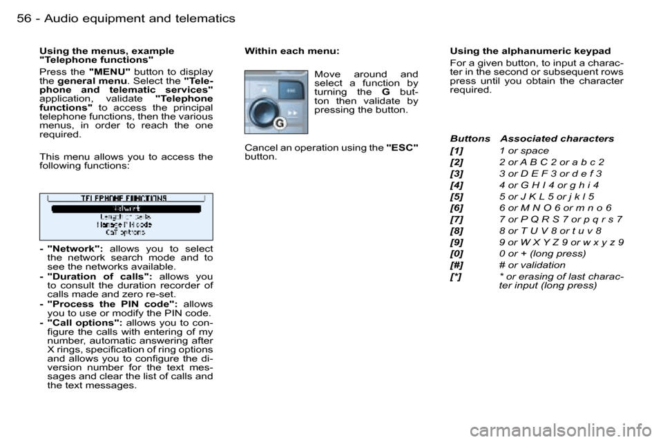 Peugeot 206 Dag 2006  Owners Manual �5�6 �-�A�u�d�i�o� �e�q�u�i�p�m�e�n�t� �a�n�d� �t�e�l�e�m�a�t�i�c�s
�W�i�t�h�i�n� �e�a�c�h� �m�e�n�u�:�M�o�v�e�  �a�r�o�u�n�d�  �a�n�d� �  
�s�e�l�e�c�t�  �a�  �f�u�n�c�t�i�o�n�  �b�y� 
�t�u�r�n�i�n�g