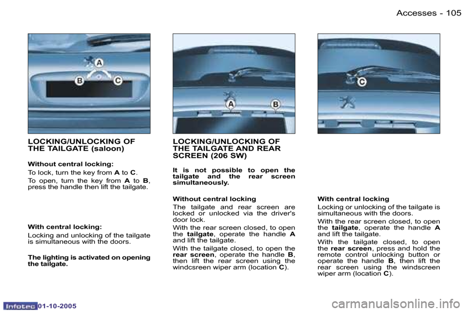 Peugeot 206 Dag 2005.5  Owners Manual �A�c�c�e�s�s�e�s�1�0�4 �-
�0�1�-�1�0�-�2�0�0�5
�1�0�5�A�c�c�e�s�s�e�s�-
�0�1�-�1�0�-�2�0�0�5
�L�O�C�K�I�N�G�/�U�N�L�O�C�K�I�N�G� �O�F�  
�T�H�E� �T�A�I�L�G�A�T�E� �(�s�a�l�o�o�n�)
�W�i�t�h�o�u�t� �c�e