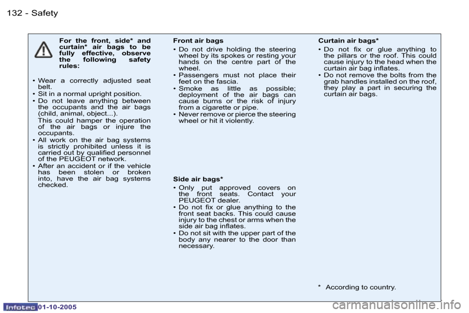 Peugeot 206 Dag 2005.5  Owners Manual �S�a�f�e�t�y�1�3�2 �-
�0�1�-�1�0�-�2�0�0�5
�1�3�3�S�a�f�e�t�y�-
�0�1�-�1�0�-�2�0�0�5
�F�o�r�  �t�h�e�  �f�r�o�n�t�,�  �s�i�d�e�*�  �a�n�d�  
�c�u�r�t�a�i�n�*�  �a�i�r�  �b�a�g�s�  �t�o�  �b�e� 
�f�u�l