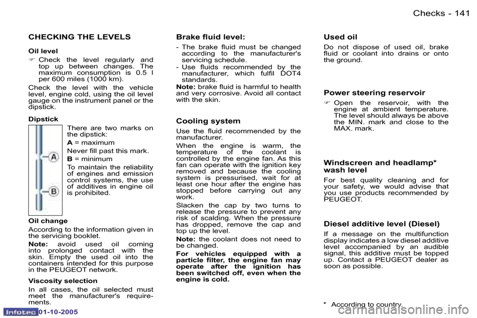 Peugeot 206 Dag 2005.5  Owners Manual �C�h�e�c�k�s
�1�4�0 �-
�0�1�-�1�0�-�2�0�0�5
�1�4�1
�C�h�e�c�k�s
�-
�0�1�-�1�0�-�2�0�0�5
�C�H�E�C�K�I�N�G� �T�H�E� �L�E�V�E�L�S
�O�i�l� �l�e�v�e�l 
�F� �C�h�e�c�k�  �t�h�e�  �l�e�v�e�l�  �r�e�g�u�l�a�r