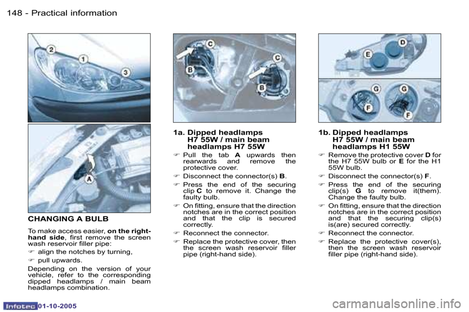Peugeot 206 Dag 2005.5  Owners Manual �P�r�a�c�t�i�c�a�l� �i�n�f�o�r�m�a�t�i�o�n�1�4�8 �-
�0�1�-�1�0�-�2�0�0�5
�1�4�9�P�r�a�c�t�i�c�a�l� �i�n�f�o�r�m�a�t�i�o�n�-
�0�1�-�1�0�-�2�0�0�5
�1�a�.� �D�i�p�p�e�d� �h�e�a�d�l�a�m�p�s� �H�7� �5�5�W�