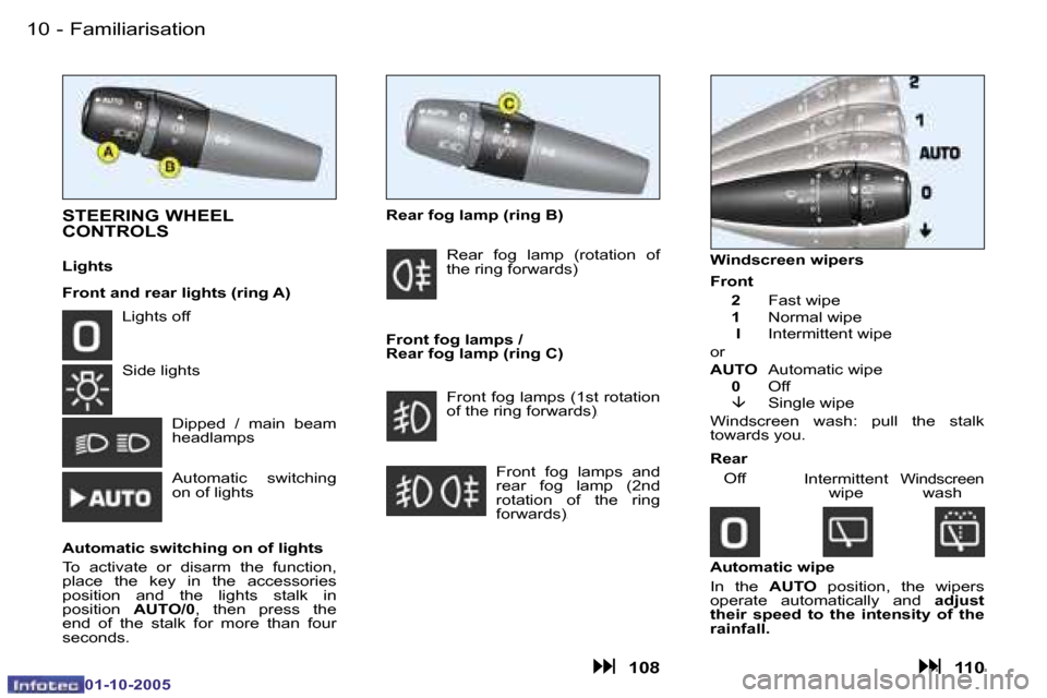 Peugeot 206 Dag 2005.5  Owners Manual �F�a�m�i�l�i�a�r�i�s�a�t�i�o�n�1�0 �-
�0�1�-�1�0�-�2�0�0�5
�1�1�F�a�m�i�l�i�a�r�i�s�a�t�i�o�n�-
�0�1�-�1�0�-�2�0�0�5
�S�T�E�E�R�I�N�G� �W�H�E�E�L�  
�C�O�N�T�R�O�L�S
�L�i�g�h�t�s 
�F�r�o�n�t� �a�n�d� 