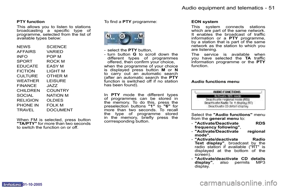 Peugeot 206 Dag 2005.5  Owners Manual �5�0 �-�A�u�d�i�o� �e�q�u�i�p�m�e�n�t� �a�n�d� �t�e�l�e�m�a�t�i�c�s
�0�1�-�1�0�-�2�0�0�5
�5�1
�-�A�u�d�i�o� �e�q�u�i�p�m�e�n�t� �a�n�d� �t�e�l�e�m�a�t�i�c�s
�0�1�-�1�0�-�2�0�0�5
�P�T�Y� �f�u�n�c�t�i�o