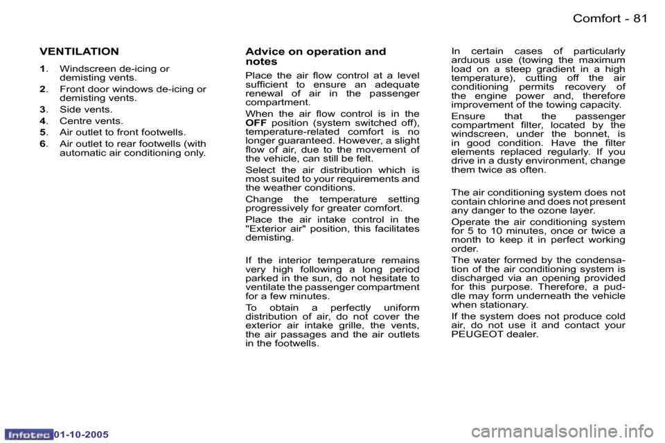 Peugeot 206 Dag 2005.5  Owners Manual �C�o�m�f�o�r�t�8�0 �-
�0�1�-�1�0�-�2�0�0�5
�8�1�C�o�m�f�o�r�t�-
�0�1�-�1�0�-�2�0�0�5
�V�E�N�T�I�L�A�T�I�O�N
�1�.�  �W�i�n�d�s�c�r�e�e�n� �d�e�-�i�c�i�n�g� �o�r� 
�d�e�m�i�s�t�i�n�g� �v�e�n�t�s�.
�2 �.