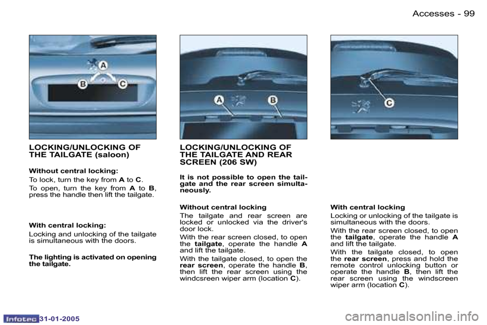 Peugeot 206 Dag 2004.5  Owners Manual �9�8 �-
�3�1�-�0�1�-�2�0�0�5
�9�9
�-
�3�1�-�0�1�-�2�0�0�5
�L�O�C�K�I�N�G�/�U�N�L�O�C�K�I�N�G� �O�F�  
�T�H�E� �T�A�I�L�G�A�T�E� �(�s�a�l�o�o�n�)
�W�i�t�h�o�u�t� �c�e�n�t�r�a�l� �l�o�c�k�i�n�g�: 
�T�o�