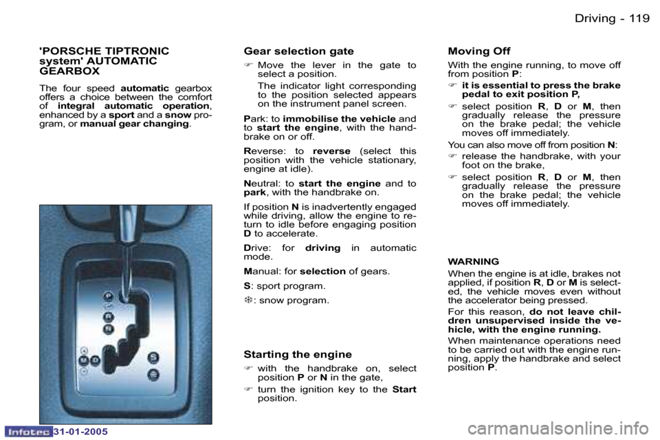 Peugeot 206 Dag 2004.5  Owners Manual �1�1�9
�-
�3�1�-�0�1�-�2�0�0�5
��P�O�R�S�C�H�E� �T�I�P�T�R�O�N�I�C 
�s�y�s�t�e�m�� �A�U�T�O�M�A�T�I�C� 
�G�E�A�R�B�O�X
�T�h�e�  �f�o�u�r�  �s�p�e�e�d�  �a�u�t�o�m�a�t�i�c� �g�e�a�r�b�o�x� 
�o�f�f�e�