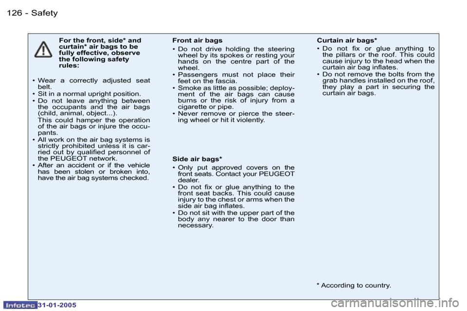 Peugeot 206 Dag 2004.5  Owners Manual �1�2�6 �-
�3�1�-�0�1�-�2�0�0�5
�F�o�r� �t�h�e� �f�r�o�n�t�,� �s�i�d�e�*� �a�n�d�  
�c�u�r�t�a�i�n�*� �a�i�r� �b�a�g�s� �t�o� �b�e� 
�f�u�l�l�y� �e�f�f�e�c�t�i�v�e�,� �o�b�s�e�r�v�e� 
�t�h�e� �f�o�l�l�