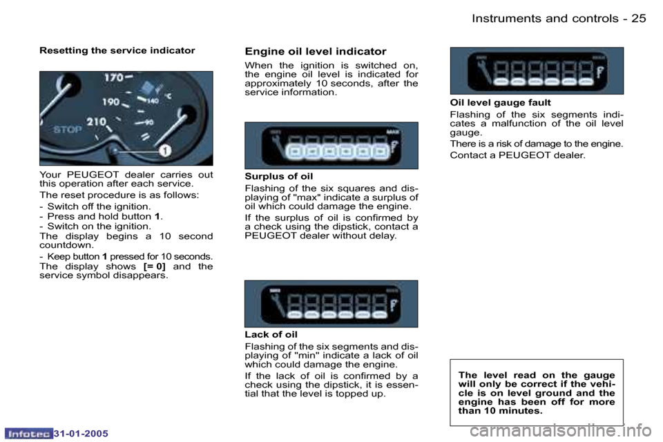 Peugeot 206 Dag 2004.5  Owners Manual �2�4 �-
�3�1�-�0�1�-�2�0�0�5
�2�5
�-
�3�1�-�0�1�-�2�0�0�5
�R�e�s�e�t�t�i�n�g� �t�h�e� �s�e�r�v�i�c�e� �i�n�d�i�c�a�t�o�r 
�Y�o�u�r�  �P�E�U�G�E�O�T�  �d�e�a�l�e�r�  �c�a�r�r�i�e�s�  �o�u�t�  
�t�h�i�s